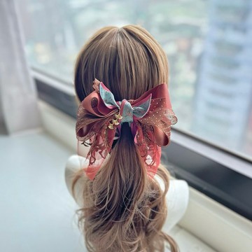 燙銀點點紗蕾絲蝴蝶結相交夾香蕉夾仙女夾髮夾-磚紅色