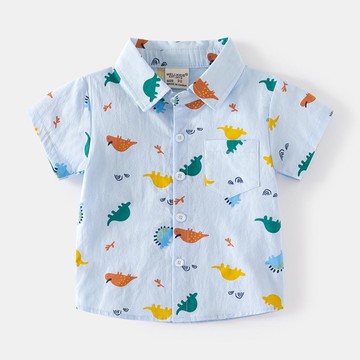 WELLKIDS - 純棉休閒翻領短袖襯衫-滿滿恐龍-藍色