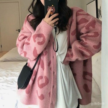 秋冬新款毛衣女 豹紋寬鬆顯瘦慵懶風減齡韓版V領針織開衫外套韓係穿搭學院風 甜美針織外套 V領外套上衣