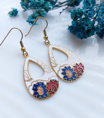 Vintage Jewelry 西洋古董飾品 白底花卉 景泰藍 耳勾 針式耳環