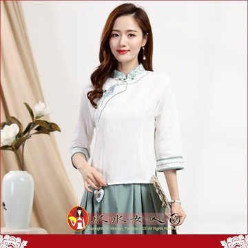 中國風唐裝棉麻女士七分袖旗袍上衣簡約復古繡花風情日常百搭中式服飾｜青花｜水水女人國