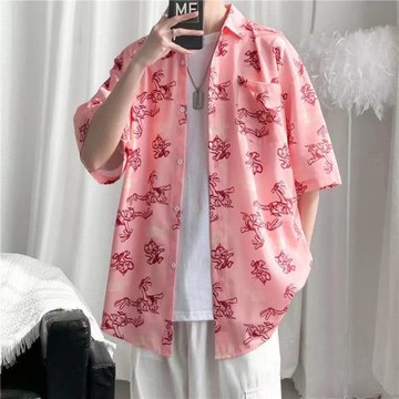 夏季時尚氣質簡約潮流襯衫青春流行日系新款男五分袖寬松潮外套