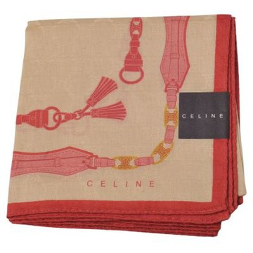 CELINE 卡其紅邊色凱旋門暗紋馬具流蘇印花圖騰字母LOGO帕領巾(50CM)