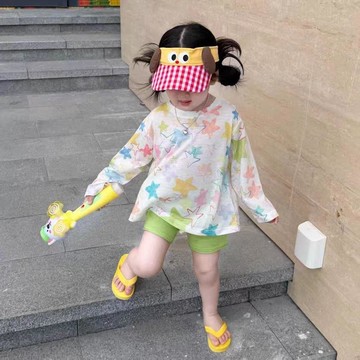 🎀biubiu童裝🎀女童夏季塗鴉長袖T恤褲子套裝女寶寶夏裝上衣五分褲兩件套t兒童裝