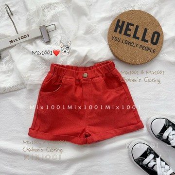 🌈✨mix1001 古著銅釦橘紅折邊短褲✨兒童素面釘釦造型短褲 5-17