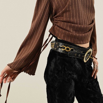 【NaSuBi Vintage】金屬扣環壓紋古著皮帶