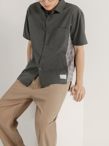 側邊拼接格紋口袋短袖襯衫