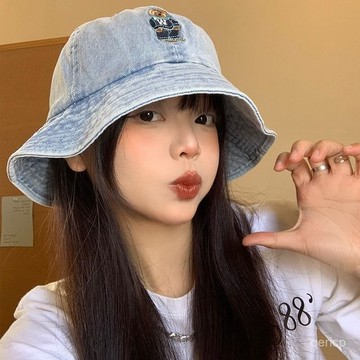 全網最殺價💯小熊牛仔漁夫帽女春夏日係大頭圍遮陽防曬盆帽複古顯臉小水桶帽子
