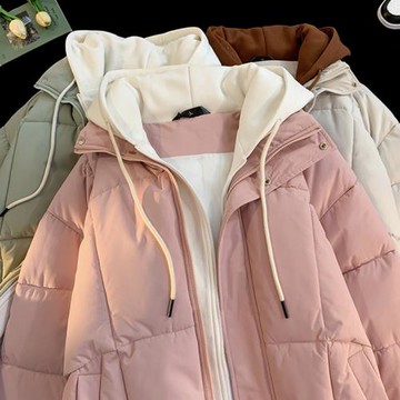 美式粉色假兩件連帽棉服女2026新款夾棉外套寬松加厚保暖面包服冬