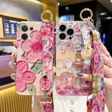 新款點鉆油畫花opporeno8pro手機殼9女reno7se帶掛繩6可斜挎背5pro+腕帶網紅10軟硅膠防摔reno4全包小眾適用