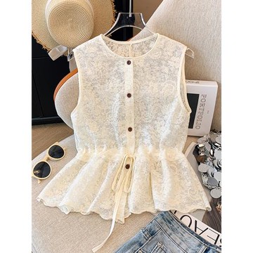 自留款推薦~夏季法式無袖蕾絲襯衫女設計感收腰系帶顯瘦百搭上衣