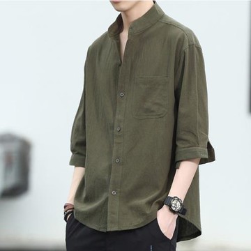 棉麻襯衫男短袖夏季ins潮牌日系復古七分袖立領寬松休閑襯衣半袖