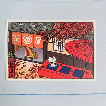 日本明信片/卡片-浮世繪-紅葉茶屋-招財貓(代寫卡片)