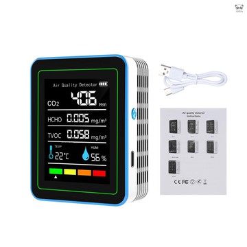 5合1二氧化碳檢測儀 二氧化碳/甲醛/TVOC/溫度/溼度檢測 空氣質量檢測儀 內置高精度傳感器 2.8寸超輕彩屏 白色