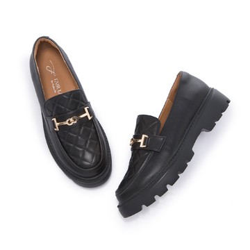 小時光 率性馬銜釦菱格厚底樂福鞋 黑 (5B2995)