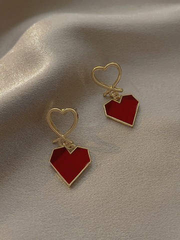 韓國氣質紅桃心耳釘2021年新款潮百搭愛心耳環高級感網紅復古耳飾