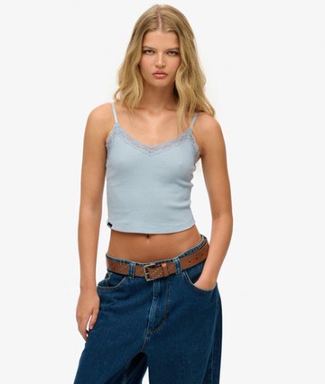 Superdry Women's Essential Lace Trim Cropped Cami Top Blue Size: 10-12