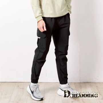 Dreamming 美式工裝抽繩彈力多口袋長褲 縮口褲 慢跑褲-黑色