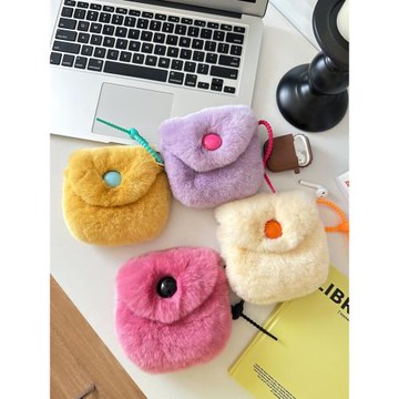 韓國ins紐扣可愛迷你獺兔毛零錢包小眾毛絨斜跨小包耳機包鑰匙包