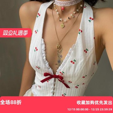 法式田園風櫻桃印花系帶蝴蝶結掛脖吊帶背心女夏純欲性感露背上衣