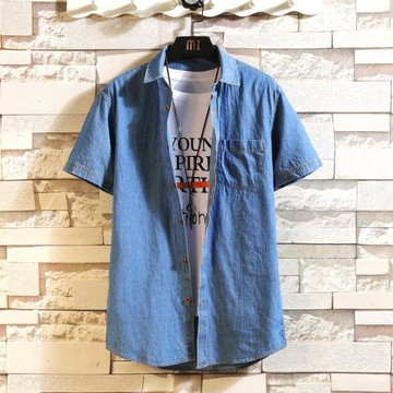 夏季薄款短袖襯衫男牛仔純棉短袖襯衣淺藍色舒適透氣青年學生上衣