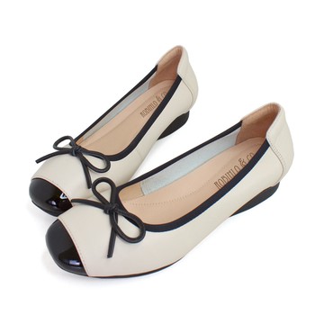 Nuna 微甜小香風真皮拼接蝴蝶結低跟娃娃鞋