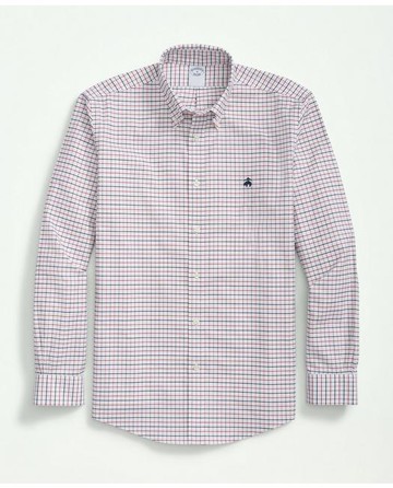 Brooks Brothers Men's Stretch Cotton Non-Iron Oxford Polo Button Down Collar, Tattersall Shirt | White | Size Medium