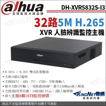 大華 DH-XVR5832S-I3 32路主機 500萬 1080P 人臉辨識 XVR 支援8硬碟 錄影主機 KingNet帝網