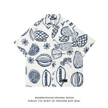 悟空有貨歐美嘻哈滿印短袖襯衫男潮牌街頭oversize夏威夷半袖襯衣