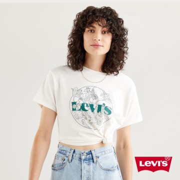 Levis 女款 短袖學院T恤 / 中短版方正寬袖版型 / 復古花草Logo