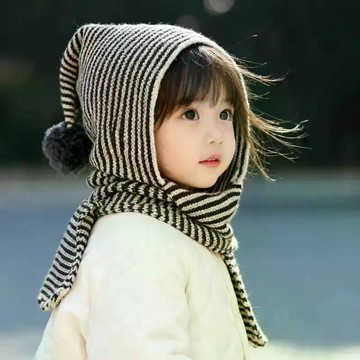 兒童帽子條紋圍巾一體秋冬季毛線針織護耳帽小女孩百搭洋氣包頭帽 可愛童帽  寳寳保暖帽 護耳帽 兒童帽子 針織帽 毛帽