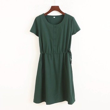 圓領中長款連衣裙夏季新款短袖抽繩收腰純色女寬松打底裙子I/16-3