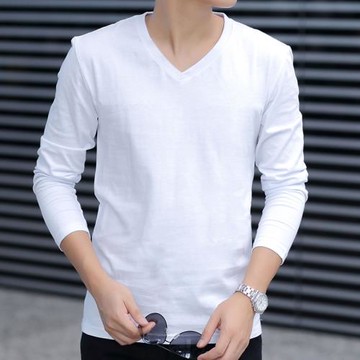 潮流男士長袖t恤純棉V領2026新款上衣服男裝秋季純色白體恤打底衫
