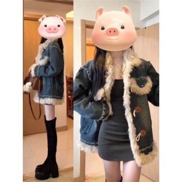 高級感洋氣減齡羊羔絨羊角扣牛仔棉服外套女小個子中長款棉衣冬季