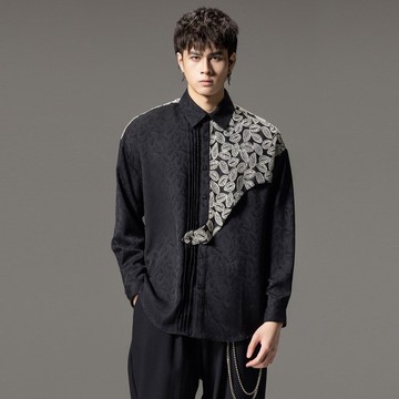 品立秋季刺繡拼接長袖襯衫 男士休閑襯衣