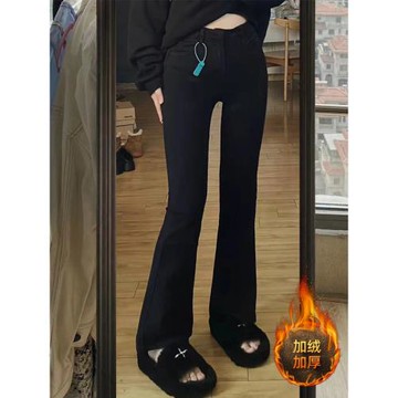 胖mm大碼女裝黑色彈力微喇加絨牛仔褲子胖妹妹秋冬加厚保暖闊腿褲