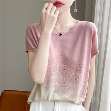 【米蘭精品】現貨+預購針織衫短袖毛衣-天絲漸層燙鑽T恤女上衣3色74lc51