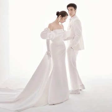 影樓主題服裝旅拍婚紗攝影情侶寫真修身魚尾緞面拍照拖尾抹胸禮服