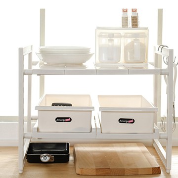 日本珍珠金屬 可伸縮下水槽雙層收納架附收納盒2入 深度40cm