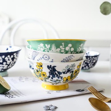 春夏秋冬繁花陶瓷高腳碗家用飯碗加厚防燙湯面碗手繪釉下彩拌面沙