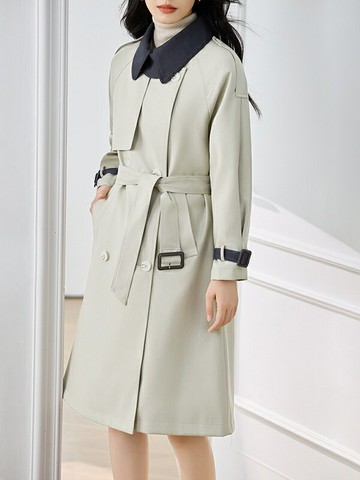 撞色風衣女2025年秋季新款韓版高級感顯氣質休閑雙排扣中長款外套鑫弘-素時衣櫥