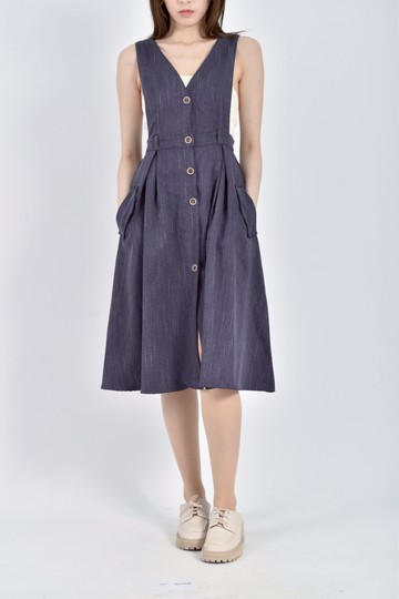 (S) 【尚樺私服】語希時光質感鬆緊腰無袖藍色洋裝