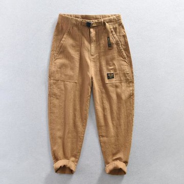 亞麻男士休閑褲焦糖色夏季寬松棉麻中國風薄款工裝褲子男苧麻長褲