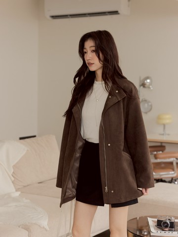 率性立領長版麂皮外套