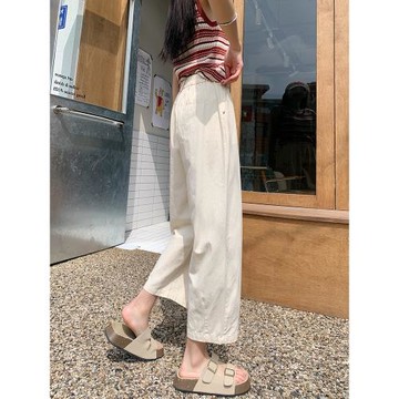 日系米色闊腿香蕉褲女夏薄款八分梨形顯瘦150小個子寬松蘿卜褲xxs