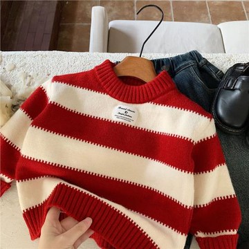 兒童毛衣25秋冬童裝男童新年保暖針織衫寶寶小童條紋打底衫拜年服