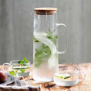 北歐風ins竹蓋玻璃冷水壺耐熱耐高溫大容量茶壺防爆涼水壺果汁壺