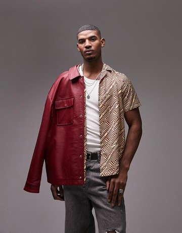 Topman satin revere short sleeve shirt in text print-Multi