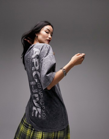 Topshop graphic archive acid wash oversized tee in slate-Purple