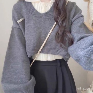 P3-學院風polo領毛衣女春秋季新款短款兩件套針織套裝慵懶風翻領上衣